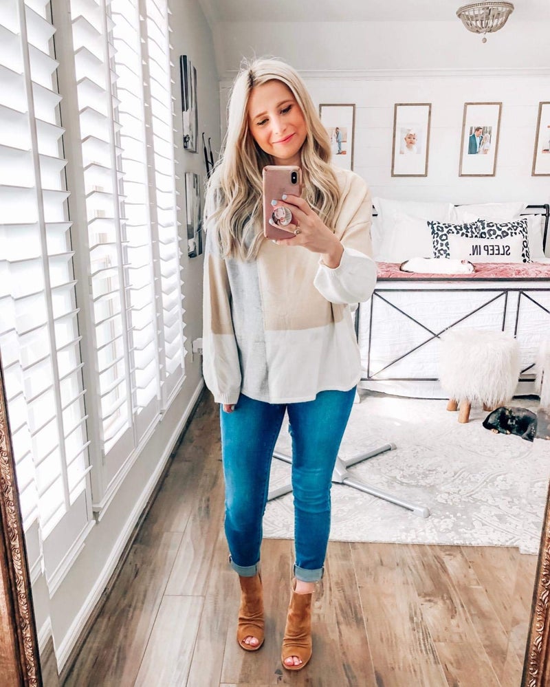 ECOWISH Women Sweater Long Sleeve Color Block Knit Pullover Sweaters Crew Neck Patchwork Casual Loose Jumper Tops Beige Small - Image 5